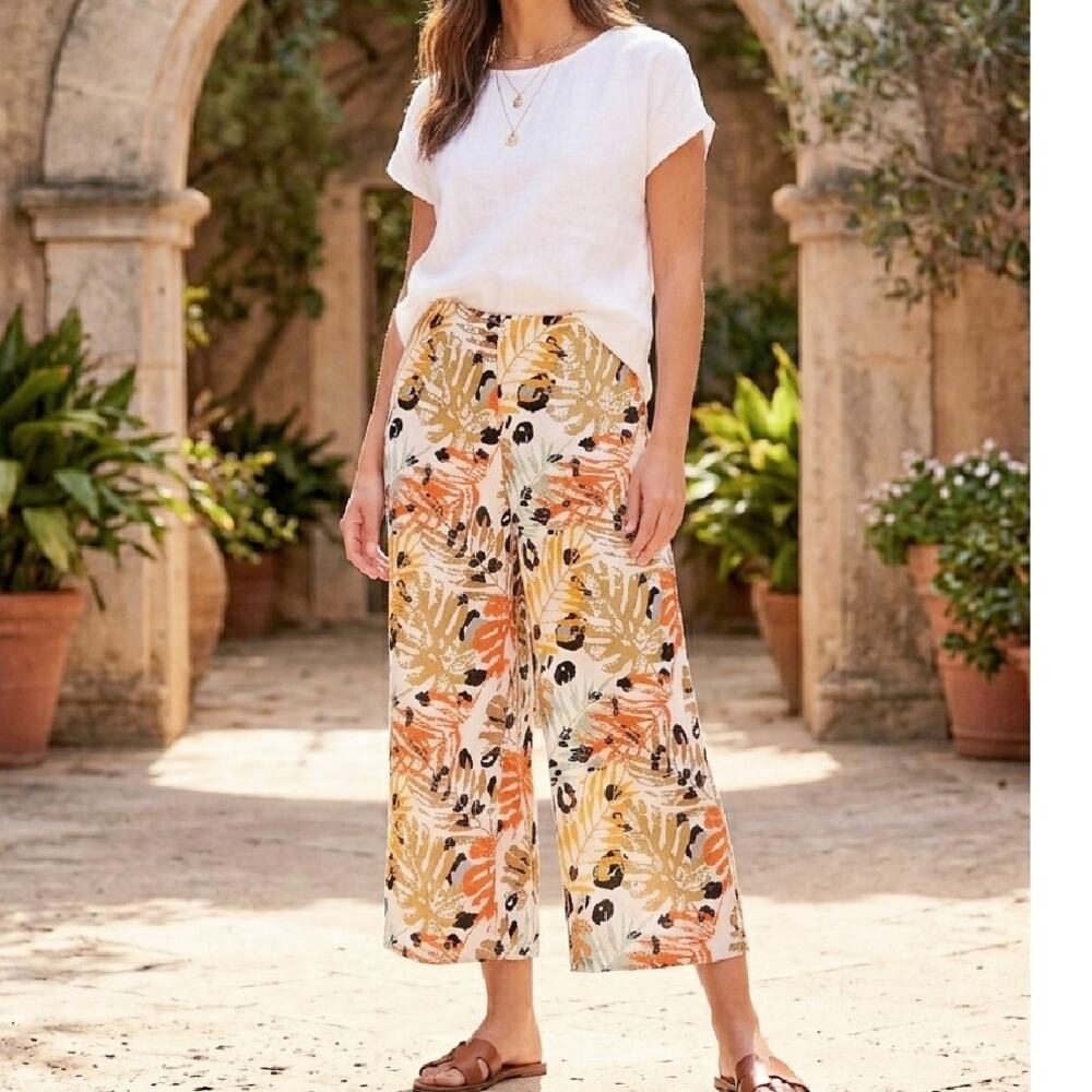 Tahari 100% Linen Wide Leg Pants Medium Tropical Palm Print Cropped Culottes